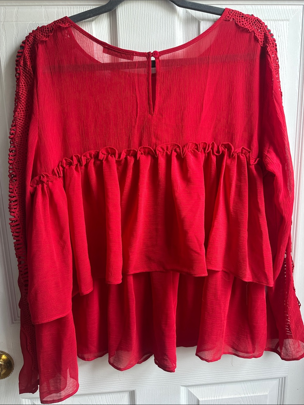 Red Ruffle Crochet-Sleeve Blouse - Picture 3 of 3